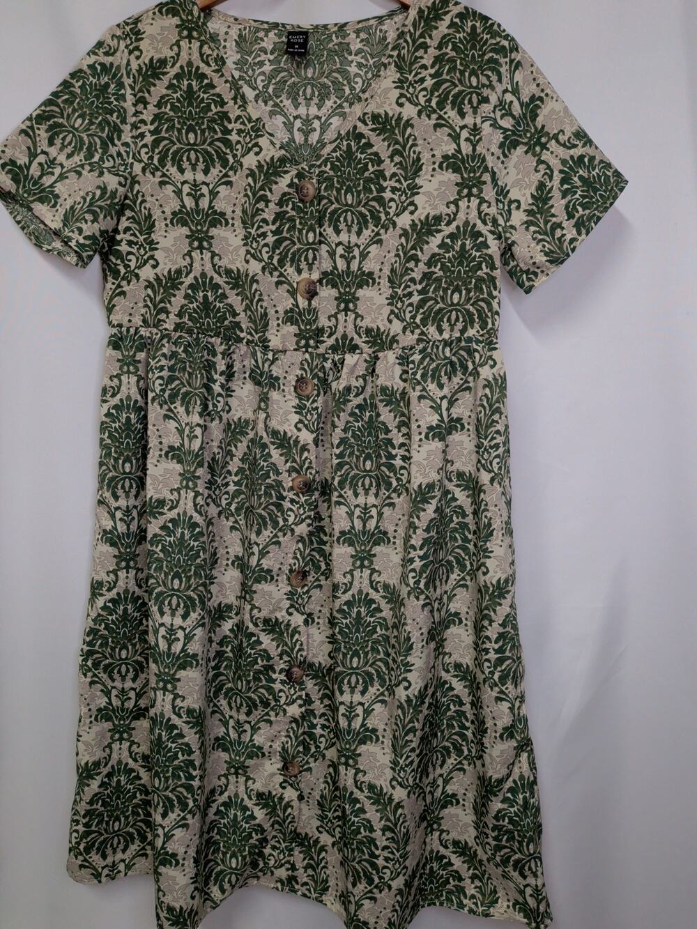 Emory Rose Jacquard Print Button Front Knee Length Dress Beige Green  Size M